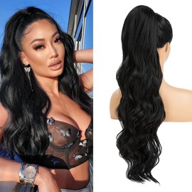XFSRG Extensions Echthaar Ponytail 65 cm Langes in Wavy Pferdeschwanz Haarteil Synthetik Haarverlängerung für Frauen und Mädchen(#1B)