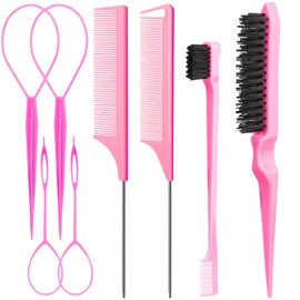 Aigee 25 Piece Hair Styling Set -5 Slick Back Hair Brushes,10 Topsy hair Tail Tools,5 Rat Tail Combs,5 Edge/Bristle Brushes,Hair Accessories for Women,Girls, Kids,Toddlers Sleek Ponytail/Bun (Pink)