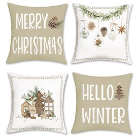 Bonhause Merry Christmas Cushion Covers 45 x 45 cm Xmas Trees Balls Pine Leaves Cones Decorative Throw Pillow Covers for Sofa Couch Bed Home Winter Holiday Decor Set of 4