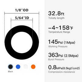 Quickun Pneumatic Tubing 1/8" Tube OD PU Polyurethane Tube Air Hose Line for Air Compressor Fitting or Fluid Transfer (Black 32.8ft)