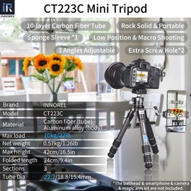 INNOREL 10-Layer Carbon Fiber Mini Tripod CT223C Desktop Tripod with Low Position Macro Shooting, Tabletop Camera Tripod, Compact Lightweight Portable for Digital DSLR, DV Video, Max Load 22lb/10kg