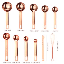 Measuring Spoons and Measuring Cups Set of 19pcs, TBSP Stainless Steel Measuring Spoons Set with Leveler Scoop/Clip Spaghetti Measurer for Baking, Liquid and Solid (Gold Color)