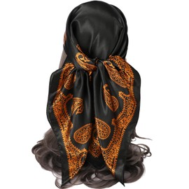 Women's 35" Satin Square Silk Feeling Neck Scarf Wraps Neckerchief Bandana Lightweight Night Sleeping Head Scarf Golden Black