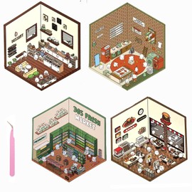 DIY 3D House Stickers, 4 Sets of Fun Miniature Scene Stickers with 1 Tweezers, Create Your Own Laundry, Dessert Shop or Burger Shop, Cute Cartoon Sticker for Kids,Stress Relief and Creative Fun