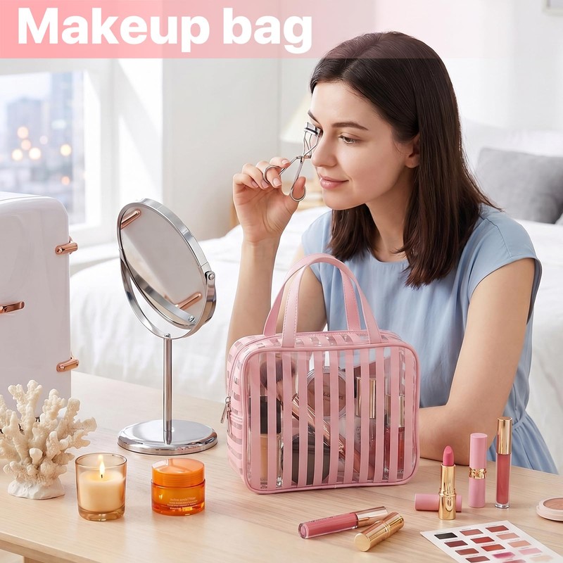 Edelefas Clear Pink Striped PVC Makeup Bag, Large 10.2 x