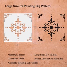 2pcs 12 x 12 Inches Large Floor Tile Stencils for Painting Floors, Tiles, Walkway, Patio, Wood, Reusable Mandala Stencil for Porch Concrete Floor Stencil