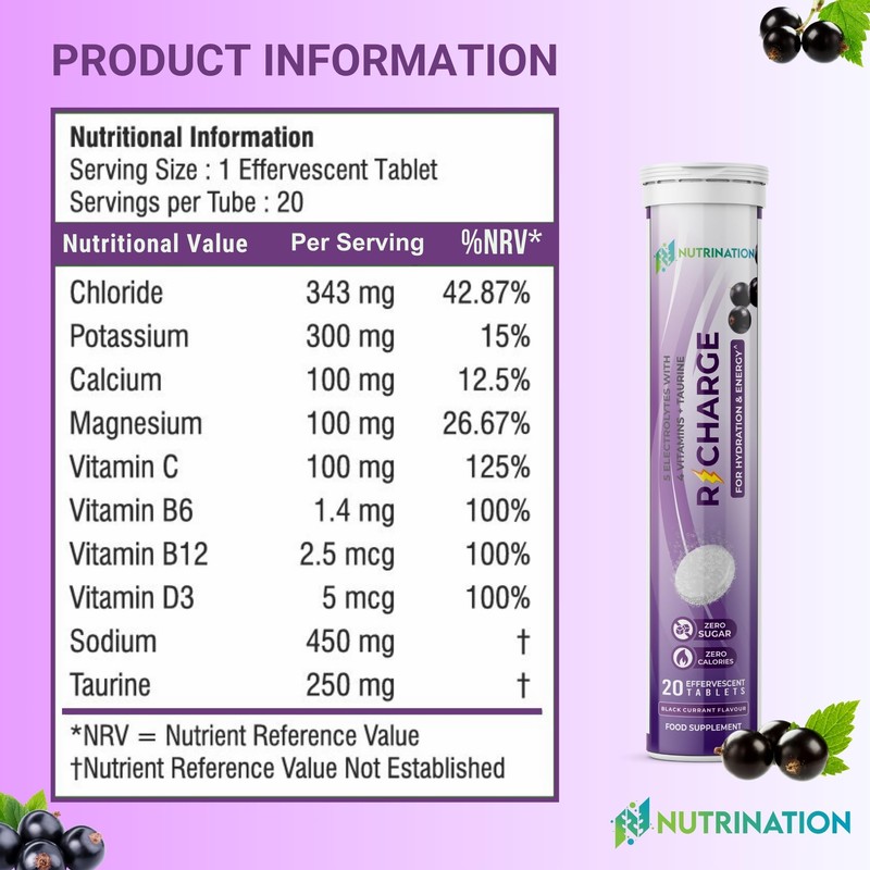 Electrolytes Hydration Tablets | 40 Effervescent Rehydration Tablets (Blackcurrant) |