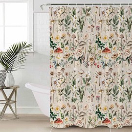 Anzona Spring Mushroom Botanical Waterproof Shower Curtains Set - Extra Long 72 x 96 Inch, Summer Farmhouse Wild Flowers Polyester Fabric Bathroom Curtain with 12 Hooks, Bathroom Accessories, 1 Panel