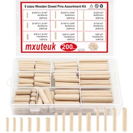mxuteuk 200Pcs Wooden Dowel Pins with Tapered End with Bevel Angle Groove Wood Pegs - 9 Sizes 6/25inch 5/16inch 3/8inch(6mm, 8mm, 10mm) Used for Crafts, Furniture, Door, DIY