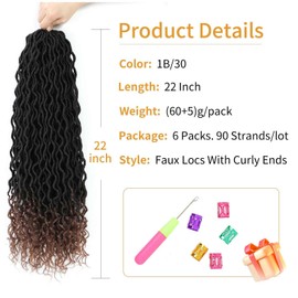 Goddess Locs Crochet Hair 22 Inch 6 Packs Ombre Brown Faux Locs Crochet Hair Pre Looped Crochet Faux Locs with Curly Ends(22 Inch,6 Packs,1B/30)