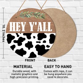 Western Welcome Sign Front Door Decor, Cow Welcome Round Wood Hanging Sign Decor Farmhouse Wall Sign Decorations for Door, Porch, Home, Housewarming Gift for New House Home Apartment, Hey Y'all