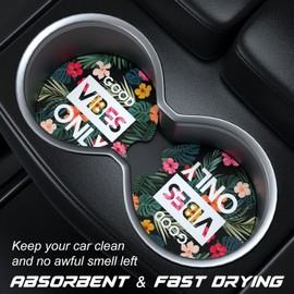 Aiawoxc Car Cup Holder Coasters, 2 Pack Universal Auto Anti Slip Insert Coaster with A Finger Notch, Cute Car Assecories for Women Men, Cup Mat for Most Interior, Flowers Good Vibe