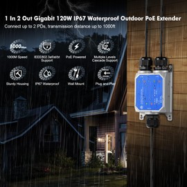 IP67 Outdoor Gigabit PoE Passthrough Switch, 1 PoE in 2 PoE Out Extender, IEEE802.3af/at/bt PoE Powered 90W, 10/100/1000Mbps Ethernet, Metal Wall Mount Waterproof Plug and Play