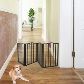 ESPIDOO Folding Pet Gate for Dogs: Freestanding Wooden Barrier 32" H x 73" W - No Installation Required for Doorways & Stairs - Modern Dark Brown Design for Home Use