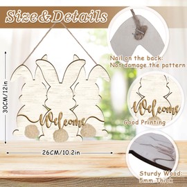 Whaline Easter Wooden Welcome Hanging Sign Rustic Three Easter Bunny Rabbit Wood Door Sign Farmhouse Easter Door Wreath for Spring Holiday Birthday Home Coffee Shop Bakery Window Door