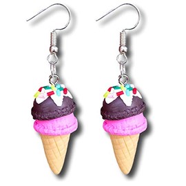 Double 3D Ice Cream Kawaii Cone with Sprinkles Dangle Drop Earrings (Chocolate & Pink)