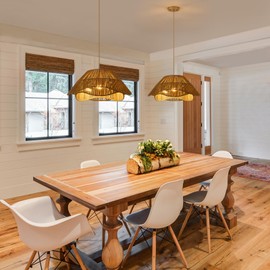 ZSDHXi 19.68" Large Gold Rattan Pendant Light, 3-Light Farmhouse Chandeliers for Dining Room, Woven Wicker Flush Mount Hanging Light, Adjustable Boho Pendant Lighting for Kitchen Island Bedroom