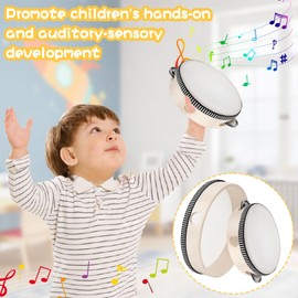 Set of 2 Wooden Hand Drums 6 Inch and 8 Inch Children's Tambourine Set, Handheld Tambourine Drum with 2 Beaters for Children Party School and Early Educational