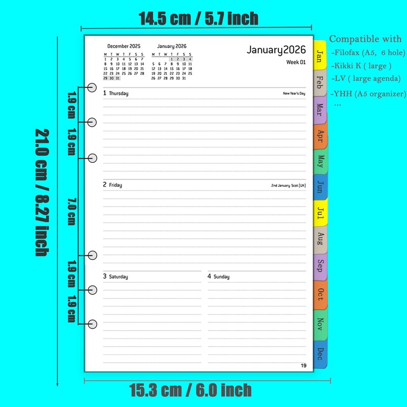 2026 Diary Refill A5 Size 6 Holes, Annual Weekly &