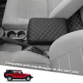 Jimen for JK Armrest Cover, Car Middle Console Cover Pad Arm Rest Cushion Compatible with Jeep Wrangler JK & Unlimited 2007-2010, PU Leather (Black)
