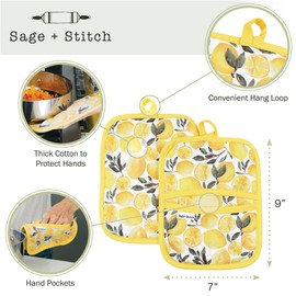 Heat Resistant Designer Pot Holders with Hand Pockets and Hanging Loops | Set of 2 100% Cotton Dual Function Kitchen Pot Holders | 7'' x 9'' | Yellow Lemons