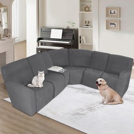 ALIECOM 100% Waterproof Recliner Sectional Couch Covers L Shape Stretch Corner Reclining Sectional Sofa Cover Washable Recliner Slipcover Protector for Dog Pet (5 Seat and 1 Console, Medium Gray)