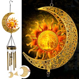 JYPS Sun Moon Solar Wind Chimes, 47-Inch Large Waterproof Windchimes for Outside with Glowing Crackle Glass Ball, Garden Patio Yard Decor Mother's Day Birthday Unique Gifts for Women Mom Grandma Wife