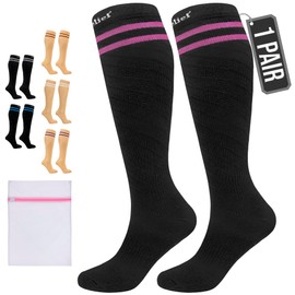 360 RELIEF Compression Socks for Women Men, 15-20 mmHg Supports Circulation, Travel Flight Socks, Pregnancy Stockings L/XL, Black with 2 Pink lines + Laundry Bag