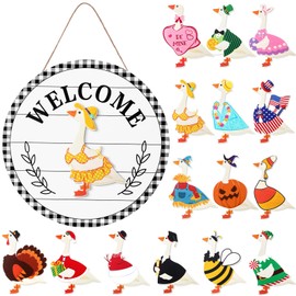 Memorywuu 16 Pcs Interchangeable Goose Welcome Sign 12 Inch Holiday Seasonal Wooden Sign with Wooden Holiday Magnet Goose Pieces for Front Door Porch Wall Decor