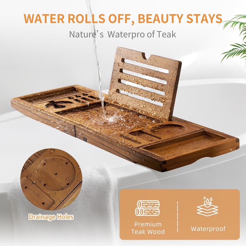 Luxury Teak Bathtub Tray - Foldable Bath Caddy with Expandable