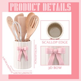 LemonRoad Handmade Pink Bow Ceramic Utensil Holder 3D Coquette Cooking Utensil Crock with Scalloped Edge Design Preppy Storage Caddy Organizer Vase Decor for Kitchen Countertop Housewarming Gift