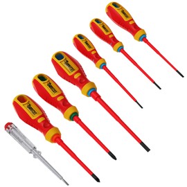 7 x SabreCut SCVDE07A Fully Insulated SlimDrive Electricians VDE Screwdrivers Set with Ergonomic Soft Grip Heavy Duty Handles Slotted SL3.0 SL3.5 SL4.0 SL5.5 Phillips PH2 Pozidriv PZ2 & Tester