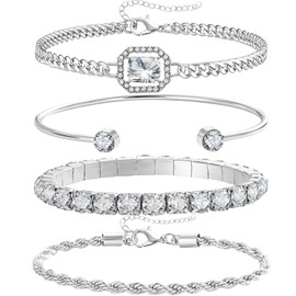 17IF 4 Pcs Dainty Silver Bracelets Set for Women 14K Plated Link Cubic Zirconia Paperclip Stack Layering Chain Adjustable Trendy Hand Jewelry (Silver)