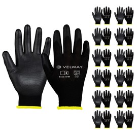 Velway 12 Pairs Safety Work Gloves - Firm Grip Gardening Gloves Non-Slip PU Coated Builders Gloves Lightweight Breathable Protective EN388 Mechanic Working Gloves for Men Women Black (Size 8/M)