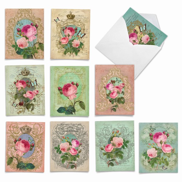 10 All Occasion ‘Romance and Roses' Thank You Note Cards with Envelopes, Assorted Cards with Vintage Floral and Royal Designs, Stationery for Weddings, Birthdays, Events 4 x 5.12 inch M2379TYG