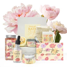 Peony Spa Gift Set for Women, Luxury 9 Pcs Bath Salts Set, Relaxation Gifts for Women, Self Care Set, Clean Moisturizing Skin, Gifts for Mom, Wife, Sister, Friend
