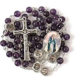 Nazareth Store Natural Purple Amethyst Beads with Miraculous Epoxy Heart Metal Beads Rosary Necklace Gemstone Christian Gifts