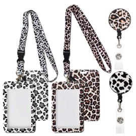 Card Holder ID Vertical, Fashionable Sliding ID Cover, 2 Leopard Print Plastic Card Sleeves with Badge Reel, ID Card Holder with Removable Neck Lanyard Strap