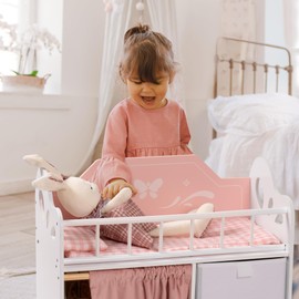 ROBUD Baby Doll Crib, Wooden Doll Bed with Storage and Bedding, of Toy Baby Crib to Kids, Pink Baby Doll Beds Suit for Dolls Under 22 Inches