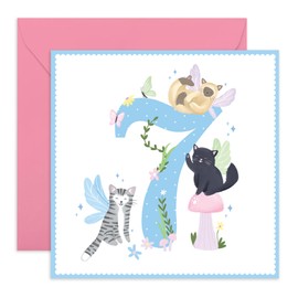 Central 23 7 Year Old Birthday Card Girl - Fairy Cat 7 Years - Cute Animals Bday - 7th Birthday Card For Kids - Seven Year Old Gifts For Toddler Niece Granddaughter - Comes With Fun Stickers