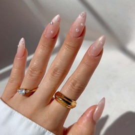 Almond Press on Nails Nude Fake Nails with 3D Pearl Medium False Nails Press ons with Designs Acrylic Nails Full Cover Glossy Glue on Nails Stick on Nails for Women Girls Manicure 24 Pcs