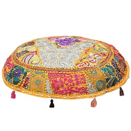 Stylo Culture Indian Round Floor Cushion Cover 55 x 55 cm Decorative Floor Cushion Pouf Vintage Mango Yellow Boho Patchwork Sofa Seat Cushion Cotton Embroidered Round Cushion Boho