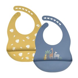 Little Rawr Baby Silicone Bibs 2 Sets Baby Bibs with Food Catcher for Girls Boys Toddlers BPA Free Adjustable Neck Band Waterproof Soft Durable (Blue-Yellow)
