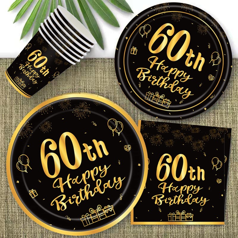POPOYU 16pcs Black and Gold Paper Plates 60th, Happy Birthday