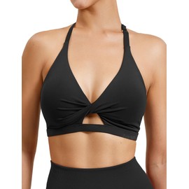 VOYJOY Workout Sports Bras for Women Padded Backless Strappy Fitness Wireless Gym Medium Impact Bra Yoga Crop Top Black XS