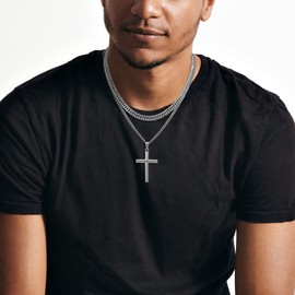 Silver Chain Cross Necklace for Men Stainless Steel Mens Cross Necklace Silver Religious Necklace Gifts for Men and Boys 6-side Cut