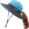 IYEBRAO Kids Girls Sun Hat with Ponytail Hole Summer Wide Brim UV Protection Bucket Cap for Beach ＆ Fishing（Blue）