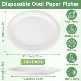 CYEAH 100 Pcs Oval Paper Plates, 12.5Inch 50Pack Disposable Heavy Duty Bagasse Platters Eco-Friendly Biodegradable Sugarcane Plates for BBQ, Party, Picnic