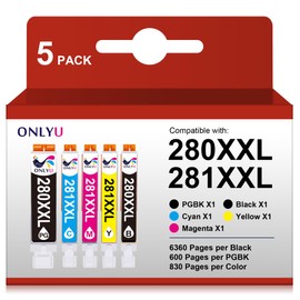 ONLYU ONLYU 280XXL 281XXL Compatible for Canon Ink 280 and 281 Cartridges PGI-280XXL CLI-281XXL for Canon TR8520 Ink Cartridges for Pixma TR8620 TR8620a TS6320 TR7520 TS6120 TS6220 TS8220 TS9520 (5 Packs)