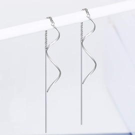 Yaneno Classic Fashion Design 925 Sterling Silver Fresh Style Needle Bar Drop Threader Pull Through Tassel Dangle Curve Twist Earrings for Women's Gift (White)